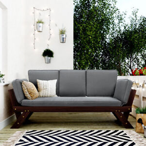 Adjustable Wooden Daybed Sofa Chaise Lounge w/3 Back Pillows For Outdoor Patio