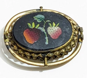 19th Century Painted Strawberries Jet Onyx Swivel Mourning Brooch As Is SEE MORE - Picture 1 of 11