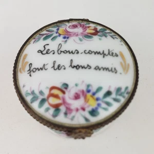 Vintage Hand-Painted Porcelain Trinket Pill Box Floral "Les Bons Amis" Signed - Picture 1 of 7