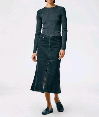 Falda Tibi Mujer Talla 28 Negra Tiro Bajo Denim Jean Midi con Abertura Frontal Foto 1 de 4