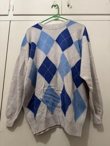 Vintage Pringle of Scotland Large 100% Lambswool V Argyle Diamond Blue - Picture 1 of 4