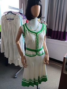 VTG 1960's Luxury Louis Feraud--Paris Belted Green and White Linen Summer Dress - Picture 1 of 8