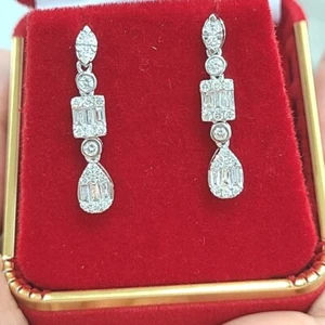 Deal! 0.80CTW Genuine Baguettes Diamonds Drop Dangling Earrings in 14K Gold 25mm - Picture 1 of 12