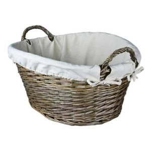 Wicker Washing Basket Grey Lined Laundry Carrier Woven Antique Wash Handles - Picture 1 of 7