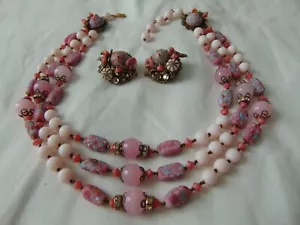 antico vintage primi Miriam Haskell rosa cristallo corallo perle vetro viola set demi - Foto 1 di 13