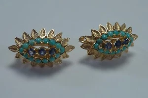 18K Yellow Gold Turquoise and Sapphire Earrings - Picture 1 of 5
