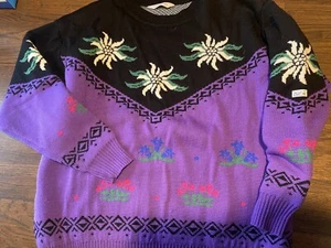 Vintage 80s Stegner Wool Grandma Sweater Flowers Green Thumb Rare Unique Purple - Picture 1 of 9