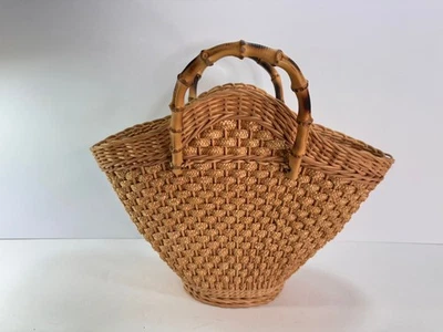 Vintage Woven Wicker Bamboo Handles Basket Purse 13.5" tall - Image 1 of 4