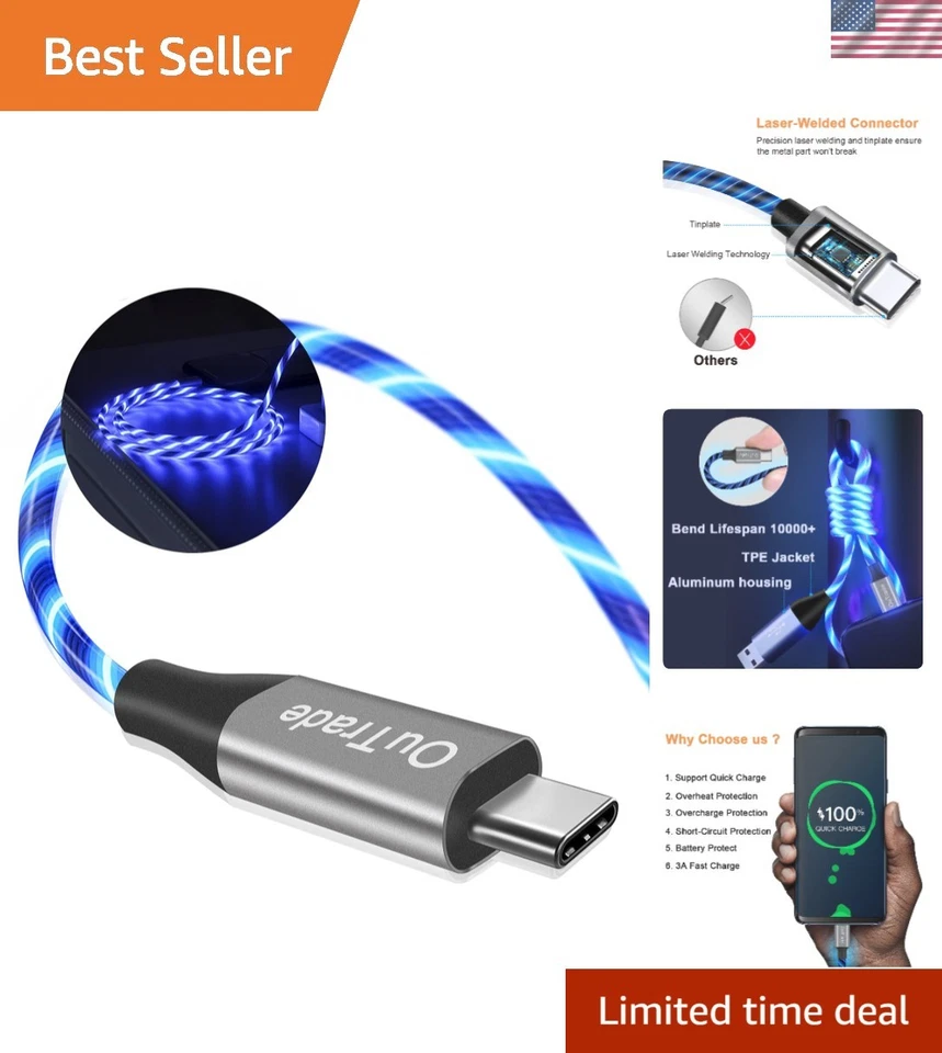 Durable LED USB Type C Cable 3A Fast Charging - 3 ft for LG, Samsung Devices - Imagem 1 de 4
