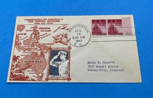1943 FDC Scott 907 Crosby MacArthur Pacific Map cachet Washington DC pair 2¢ - Picture 1 of 4