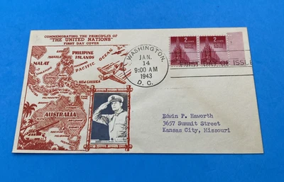 1943 FDC Scott 907 Crosby MacArthur Pacific Map cachet Washington DC pair 2¢ - Image 1 of 4