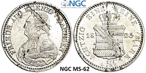 NGC Saxony 1825 GS MS 62 1/6 Thaler Silver Coin Germany VERY RARE ARMORED TYPE - Picture 1 of 10