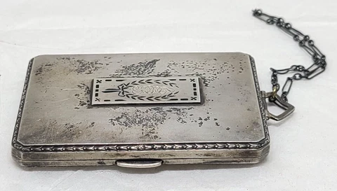 Antique Engraved Monogram CEB with Tulip garland Sterling Silver Card Case Cover