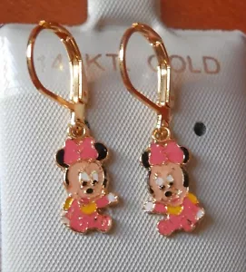 14K Gold Filled PINK BABY MINNIE MOUSE hanging Earrings / Teenager / Little Girl - Picture 1 of 1