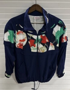 Tan Jay Vintage 80s Navy Blue Nautical Floral Jacket Windbreaker Womens Sz L - Picture 1 of 11