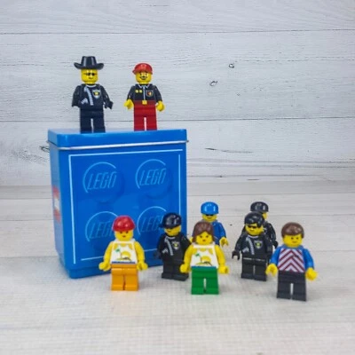 Lego Figure 9pc Police Construction Fireman Worker Island Girl & Boy w Blue Tin - Image 1 of 4