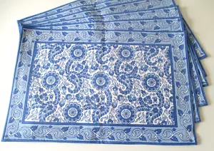 NEW ~ BLUE WHITE BLOCK PRINT FLORAL PAISLEY PLACEMATS~ SET of SIX ~ 13" x 19" - Picture 1 of 9