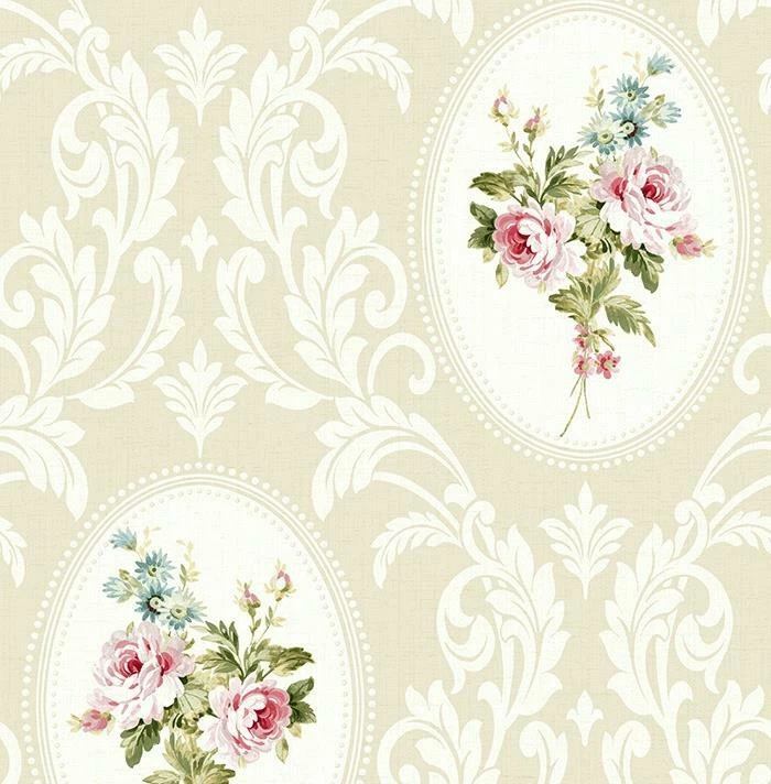 Wallpaper Pink Cream Blue Green Rose Cameo on Cream & Leaf Scroll, 56 Sq Ft Bolt - Image 1 of 1