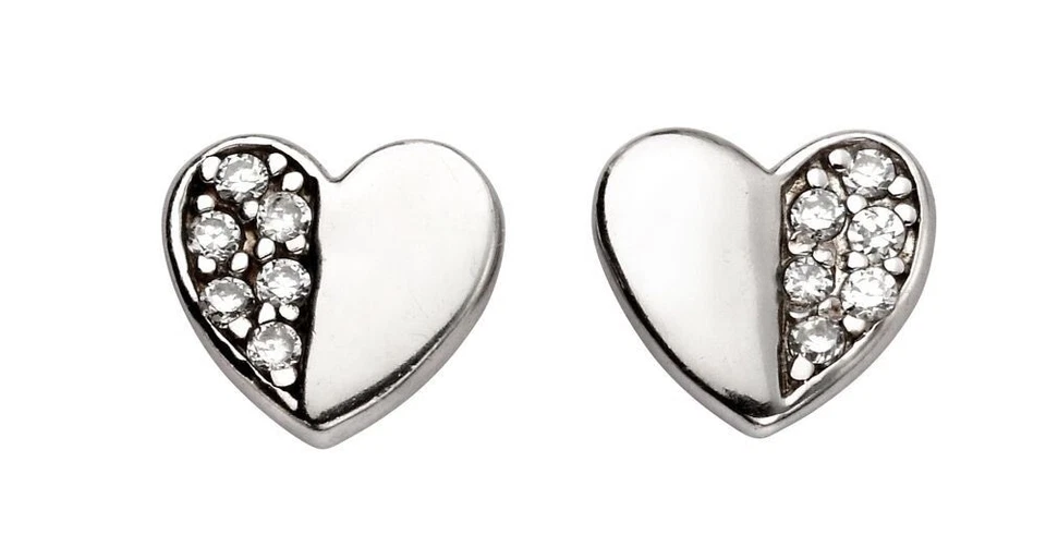 Mezza Zircone Orecchini a Perno Cuore Argento Sterling 925 Marchiato Nuovo Boxed - Immagine 1 di 3