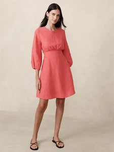 Neu mit Etikett Banana Republic Leinen Lisa Kleid 2 Petite Coral hinten offen Ballonärmel - Bild 1 von 11