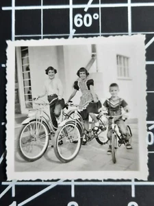 Vintage 1950s Small Original B&W Photo 2 1/4" x 2 1/4" Kids On Bike - Picture 1 of 2