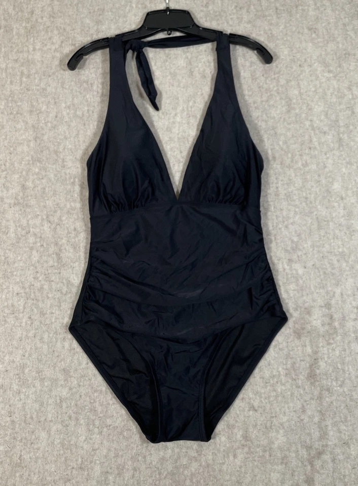 DKNY Black 1 Piece Tummy Control Halter Tie Swimsuit Size XL