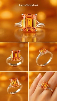 Anillo de diamantes naranja talla esmeralda de 2 quilates de plata de ley elegante diseño WorldArt Foto 1 de 4