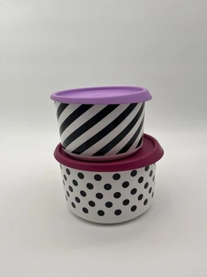 NEW TUPPERWARE Urban moves 2 pc canister set black & white with purple seals FrS - Image 1 of 4