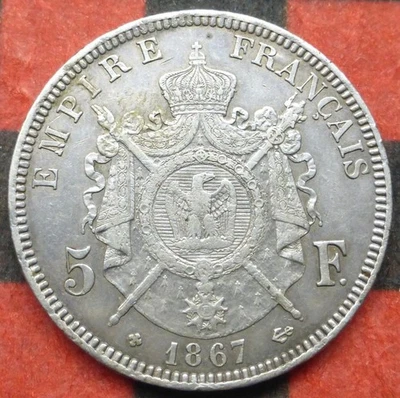 1867 BB France 90% Silver 5-Francs Coin, Silver 5 Francs, Napoleon III Coin - Image 1 of 4