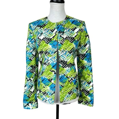 Chaqueta Blazer Kasper 8 Azul Brillante Verde Estampado de Reptiles Sin Cuello Frente Abierto Foto 1 de 4