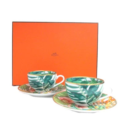 Hermes Passifolia 茶杯碟餐具 2 件套绿色植物咖啡正品全新 — 第 1/4 张图片