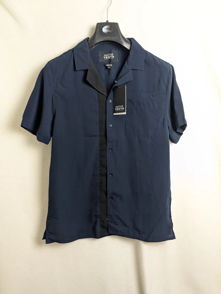 Native Youth Mens Short Sleeve Button Up casual shirt Navy Blue Size Medium New - Image 1 of 4
