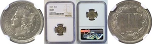 1867 3C Nickel Three Cent NGC MS-63 - Picture 1 of 3