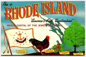 RI Postcard '85 State Rooster & Flag Souvenir Colorful LK - Picture 1 of 2