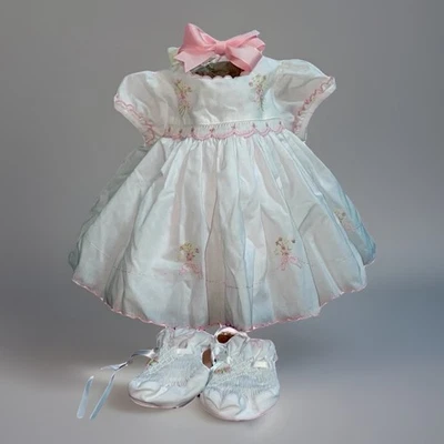 De Colección Sarah Louise Bebé Zapatos de Vestir y Diadema Blanco Rosa Bordado Inglaterra Foto 1 de 4