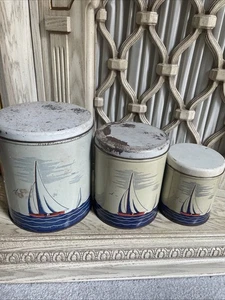 Vintage Segelboot Metall Kanister Set mit Deckel 3 tlg Set Maritim Blechkanister - Bild 1 von 7
