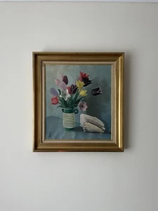Pintura al óleo floral francesa vintage sobre lienzo naturaleza muerta tulipanes firmada enmarcada - Imagen 1 de 7