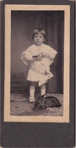ANTIKES FOTO AUF KARTON: ENTZÜCKENDES KLEINES MÄDCHEN mit GLOCKE UND KATZE ZU FÜSSEN - Bild 1 von 1