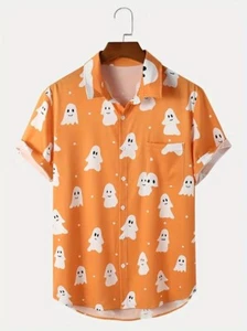Camisa de manga corta con botones estampado de fantasmas naranja de Halloween L (40) - Imagen 1 de 4