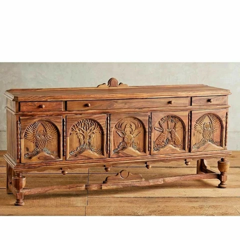 Home Decorative Unique Hand Curved Wood Inlay Buffet Table , Animal Hand Curved Cover