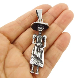 Day of the Dead Hallmarked Long 925 Sterling Silver Skeleton Catrina Pendant - Picture 1 of 6
