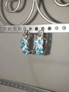 Natural Oval Apatite  Hoop Earrings  Platinum Plate 925 Sterling Silver - Picture 1 of 7