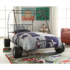 Boys Gray Twin Size Metal Canopy Bed Frame Racing Go Kart Dune Buggy Bedroom FUN - Picture 1 of 8