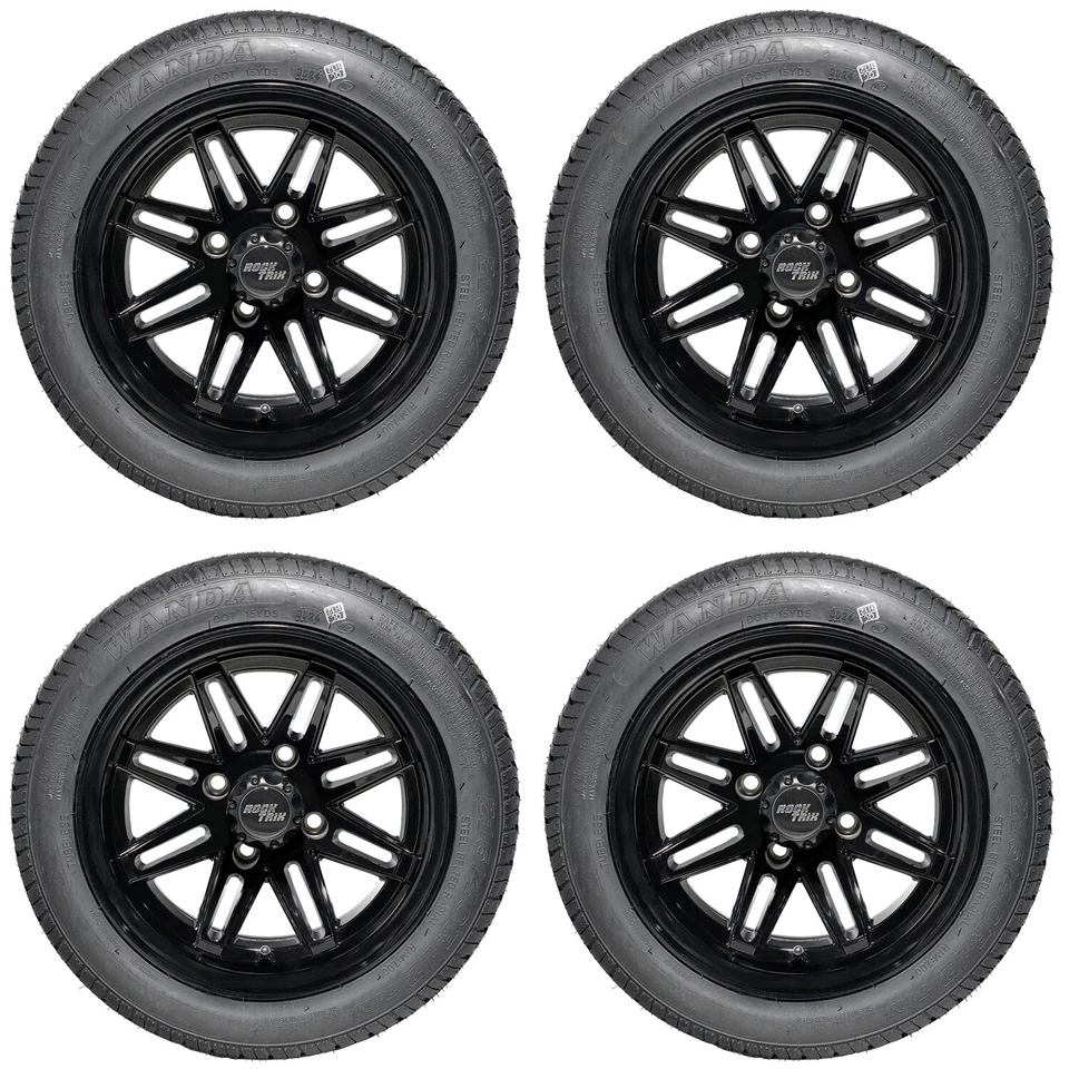 (4) Golf Cart 12" RockTrix RT103 Wheels Rims 12x7 ET-25 and 215/40R12 DOT Tires — 第 1/4 张图片