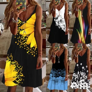 Womens Summer Beach Boho Sun Dress Ladies Holiday V Neck Mini Dresses Size 8-16 - Picture 1 of 10