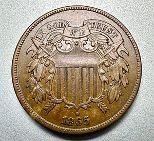 1865 PLAIN 5 2 CENT PIECE AU #8375 - Picture 1 of 2
