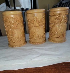 Indien Wildtier Handarbeit Rund Geschnitzt Holz Stift/Bleistift Halter - 2007 NEU - Bild 1 von 10