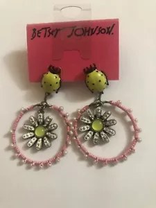 Betsey Johnson Daisy Yellow LadyBug Garden Motif Earrings Brass Enamel Pearl - Picture 1 of 2