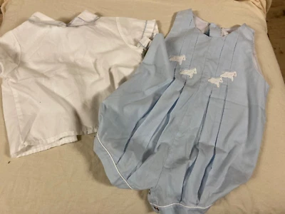 Camisa azul/branca masculina vintage 18mos com colarinho Peter Pan bolha/romper - Imagem 1 de 3