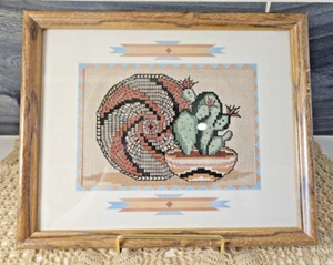 Matted & Framed Southwestern Textile & Cacti Scene Completed Cross Stitch - Picture 1 of 6